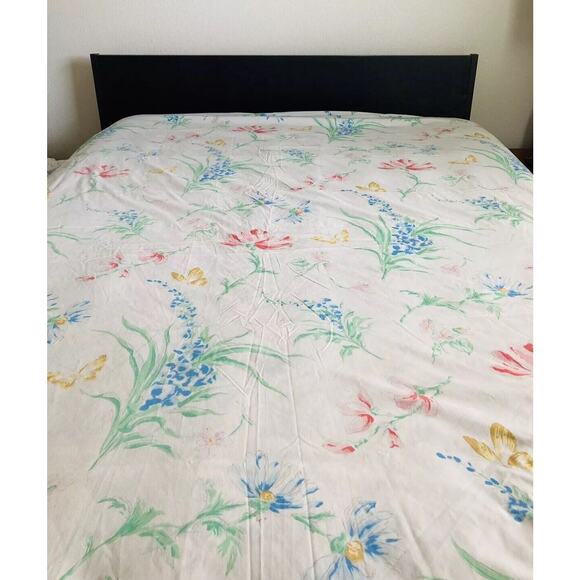 VTG Lady Pepperell KING FLAT Sheet Wild Flower Butterflies Floral Ruffle Cottage - Picture 2 of 14